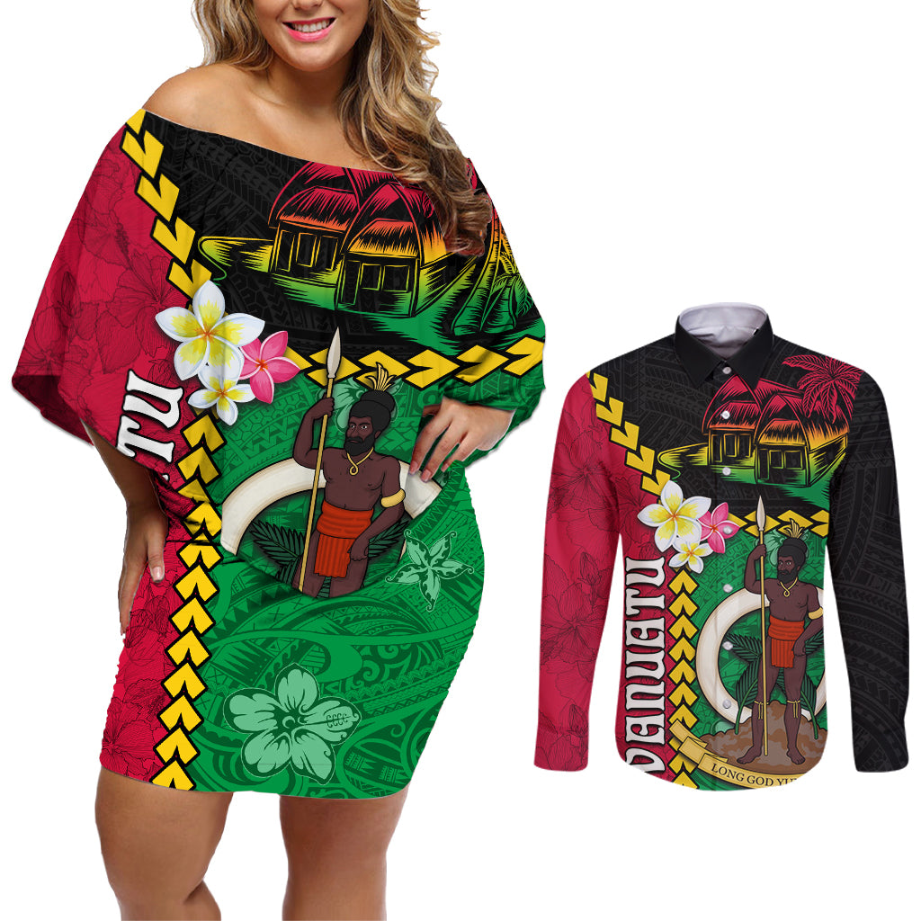 Vanuatu Nakamal and Plumeria Flowers Couples Matching Off Shoulder Short Dress and Long Sleeve Button Shirt Polynesian Pattern