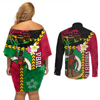 Vanuatu Nakamal and Plumeria Flowers Couples Matching Off Shoulder Short Dress and Long Sleeve Button Shirt Polynesian Pattern