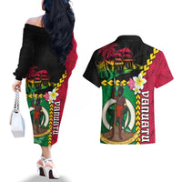 Vanuatu Nakamal and Plumeria Flowers Couples Matching Off The Shoulder Long Sleeve Dress and Hawaiian Shirt Polynesian Pattern