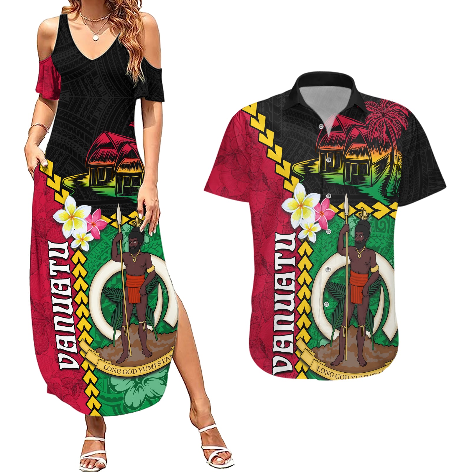 Vanuatu Nakamal and Plumeria Flowers Couples Matching Summer Maxi Dress and Hawaiian Shirt Polynesian Pattern