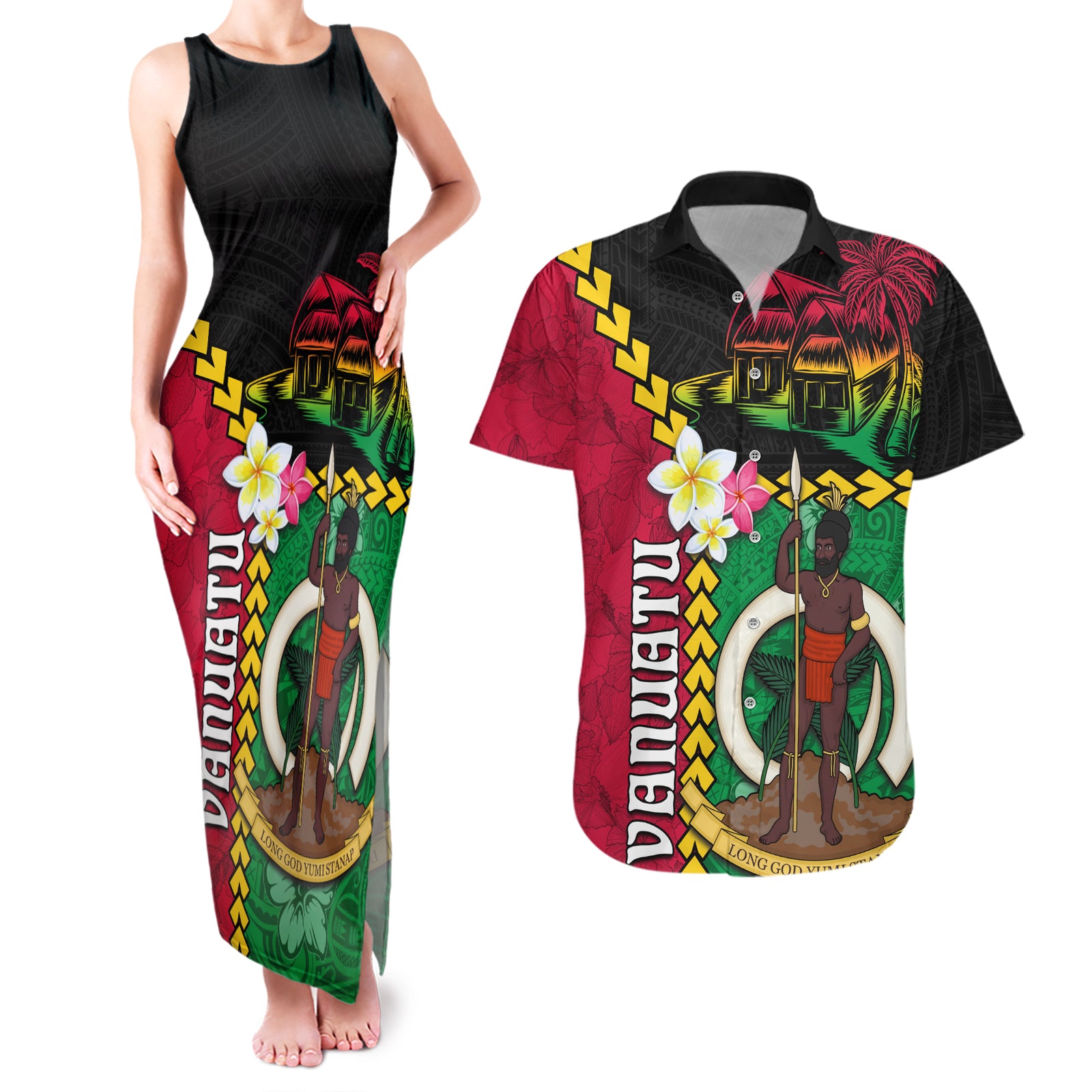 Vanuatu Nakamal and Plumeria Flowers Couples Matching Tank Maxi Dress and Hawaiian Shirt Polynesian Pattern