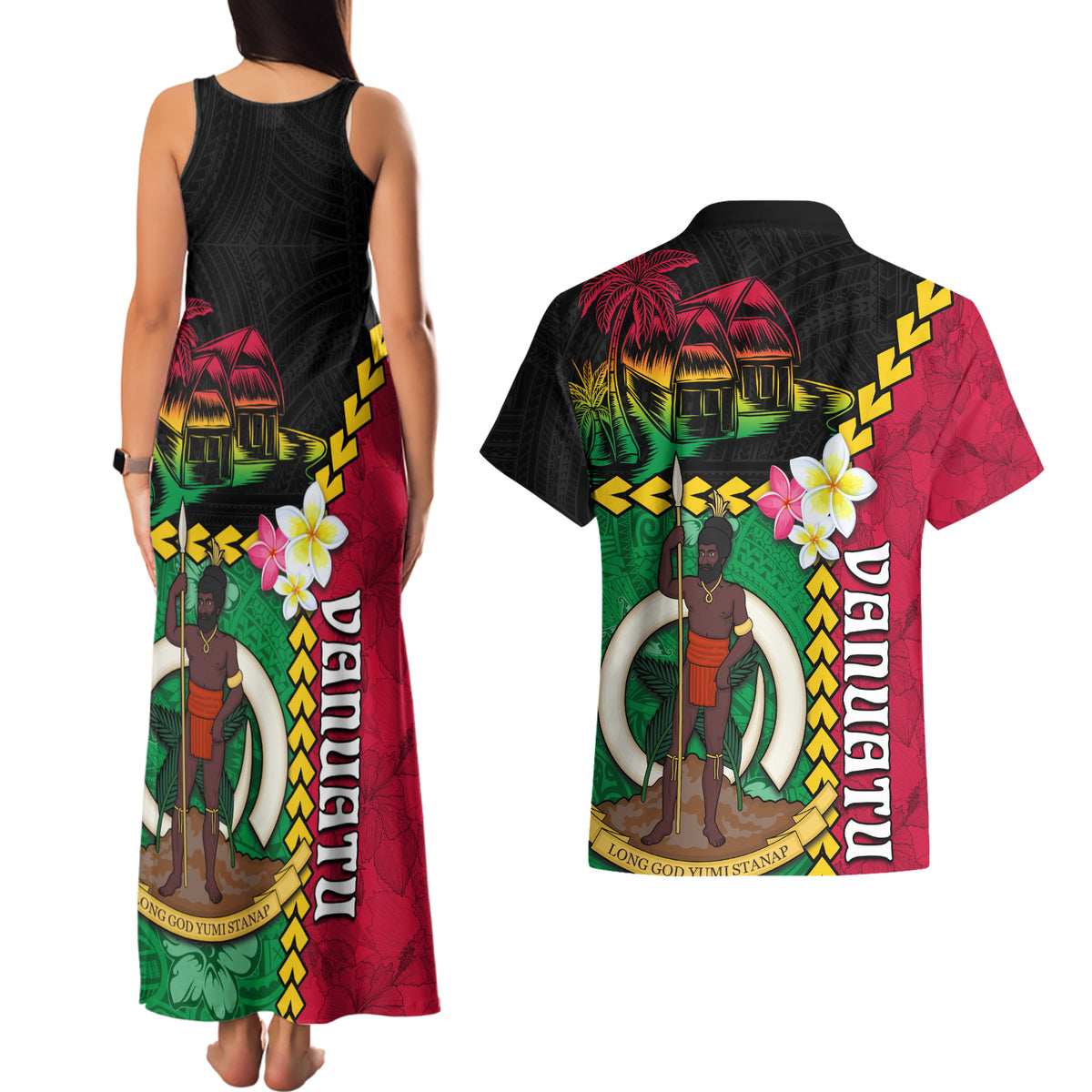 Vanuatu Nakamal and Plumeria Flowers Couples Matching Tank Maxi Dress and Hawaiian Shirt Polynesian Pattern