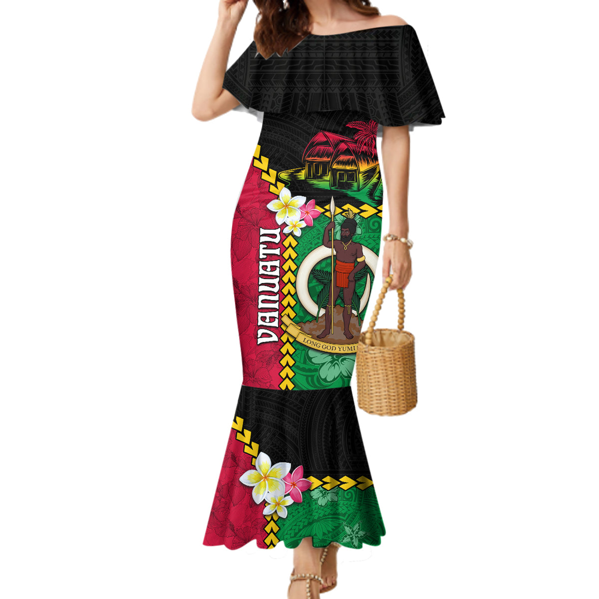 Vanuatu Nakamal and Plumeria Flowers Family Matching Mermaid Dress and Hawaiian Shirt Polynesian Pattern