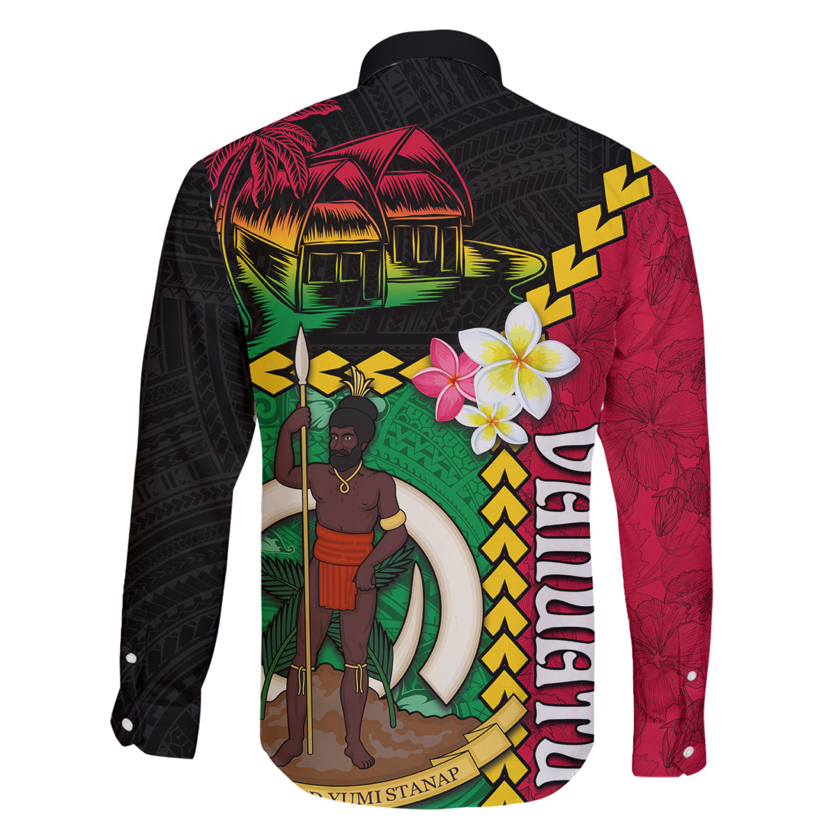 Vanuatu Nakamal and Plumeria Flowers Family Matching Off The Shoulder Long Sleeve Dress and Hawaiian Shirt Polynesian Pattern LT03 - Polynesian Pride