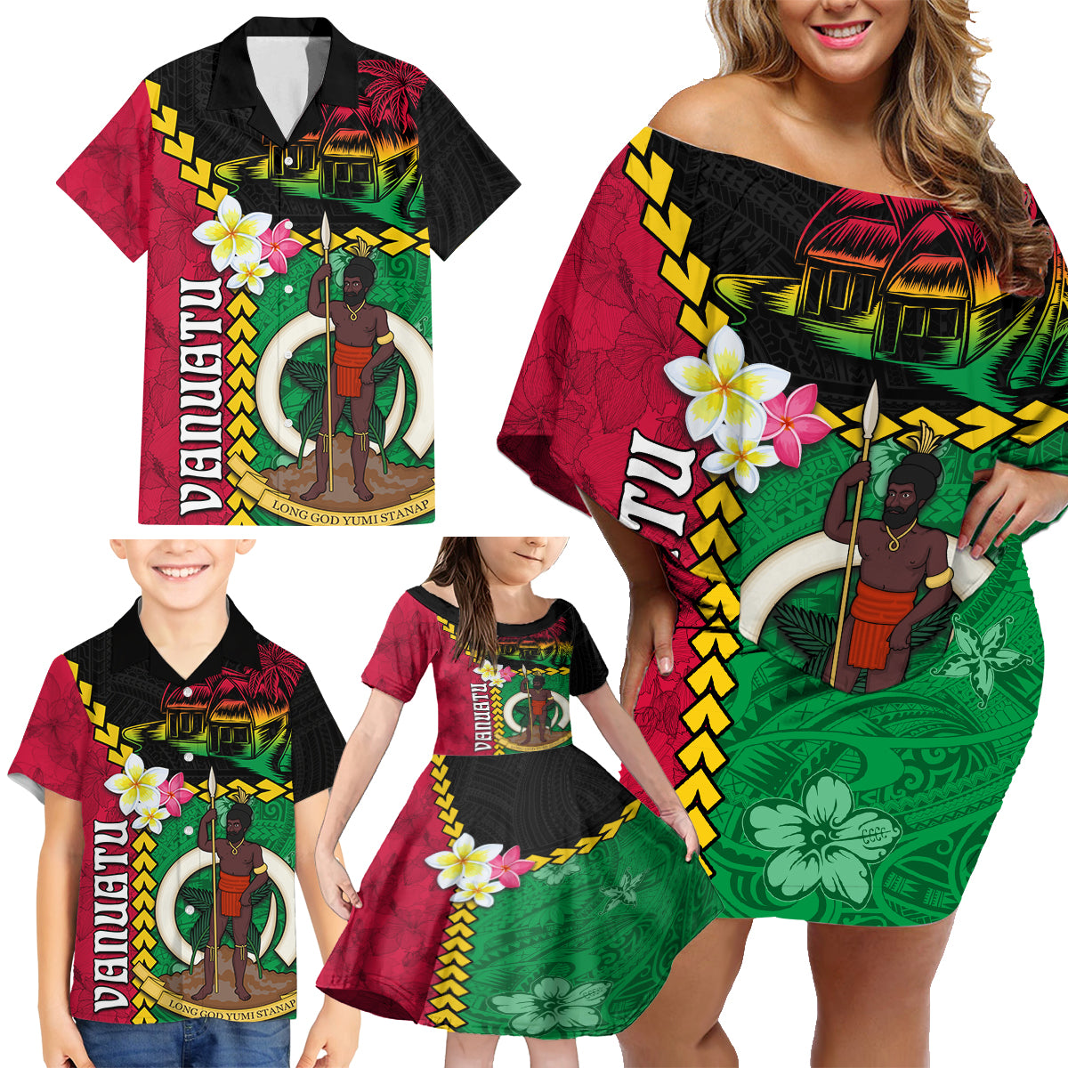 Vanuatu Nakamal and Plumeria Flowers Family Matching Off Shoulder Short Dress and Hawaiian Shirt Polynesian Pattern LT03 - Polynesian Pride