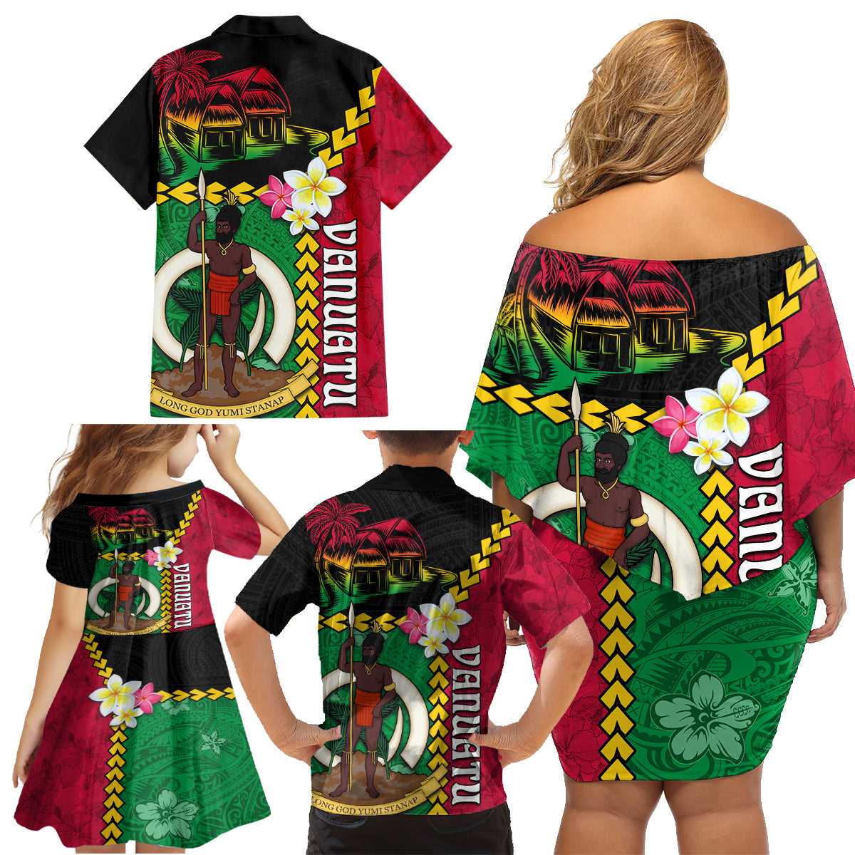 Vanuatu Nakamal and Plumeria Flowers Family Matching Off Shoulder Short Dress and Hawaiian Shirt Polynesian Pattern LT03 - Polynesian Pride