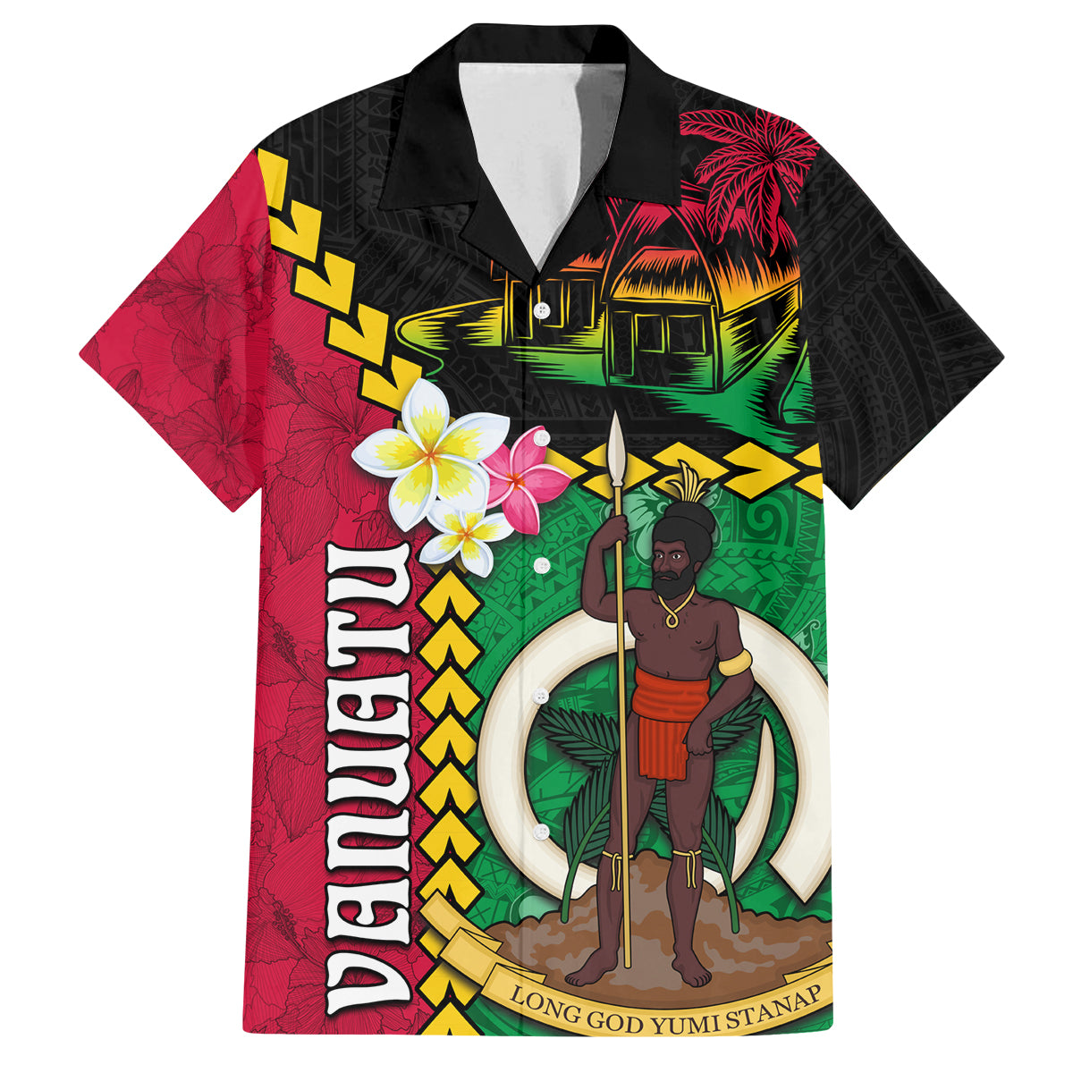 Vanuatu Nakamal and Plumeria Flowers Family Matching Off Shoulder Short Dress and Hawaiian Shirt Polynesian Pattern LT03 Dad's Shirt - Short Sleeve Black - Polynesian Pride