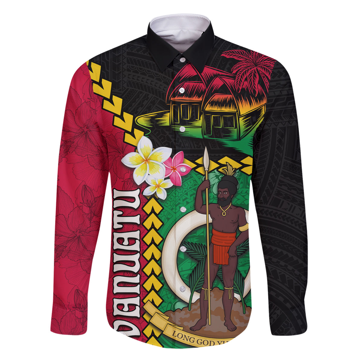 Vanuatu Nakamal and Plumeria Flowers Family Matching Off Shoulder Short Dress and Hawaiian Shirt Polynesian Pattern LT03 Dad's Shirt - Long Sleeve Black - Polynesian Pride