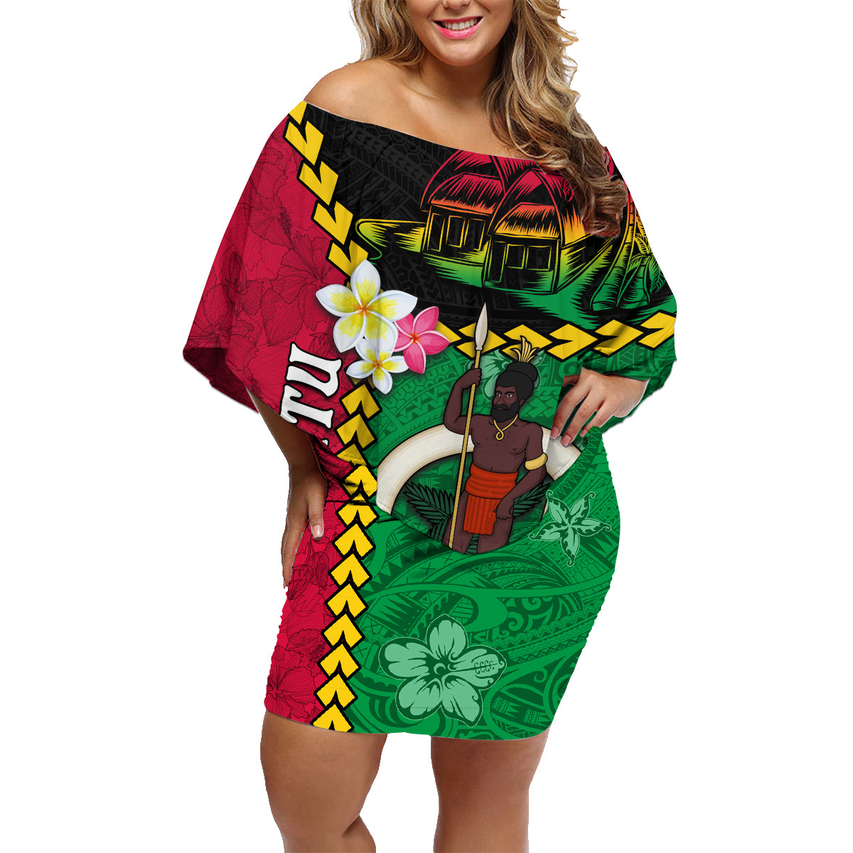 Vanuatu Nakamal and Plumeria Flowers Family Matching Off Shoulder Short Dress and Hawaiian Shirt Polynesian Pattern LT03 Mom's Dress Black - Polynesian Pride
