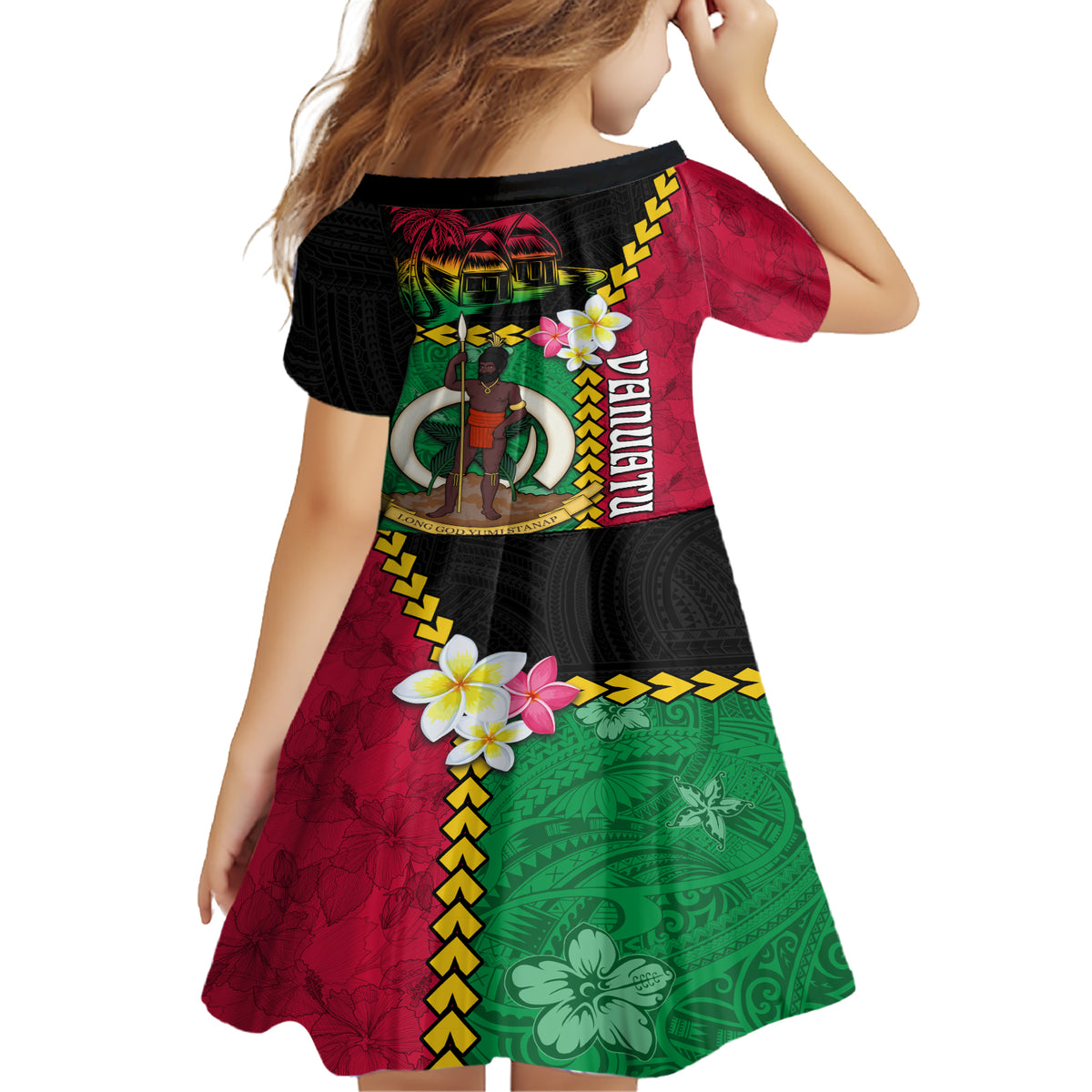 Vanuatu Nakamal and Plumeria Flowers Family Matching Short Sleeve Bodycon Dress and Hawaiian Shirt Polynesian Pattern