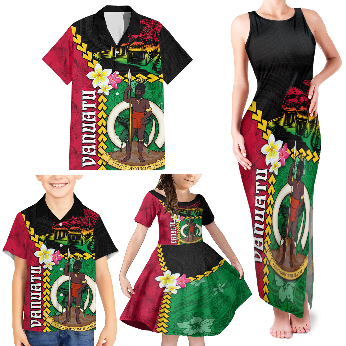 Vanuatu Nakamal and Plumeria Flowers Family Matching Tank Maxi Dress and Hawaiian Shirt Polynesian Pattern