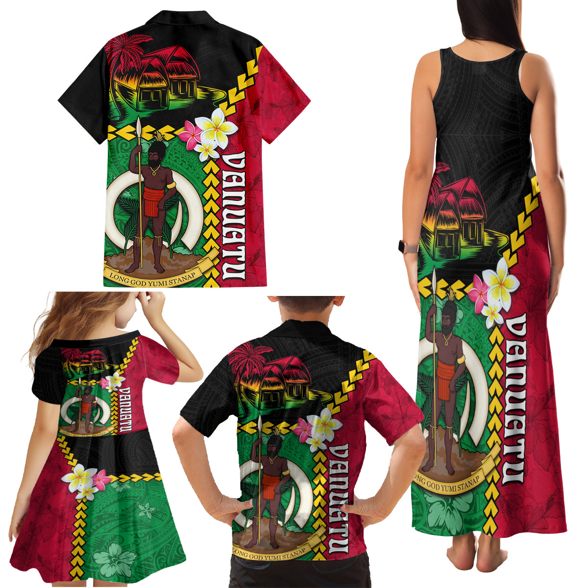 Vanuatu Nakamal and Plumeria Flowers Family Matching Tank Maxi Dress and Hawaiian Shirt Polynesian Pattern LT03 - Polynesian Pride