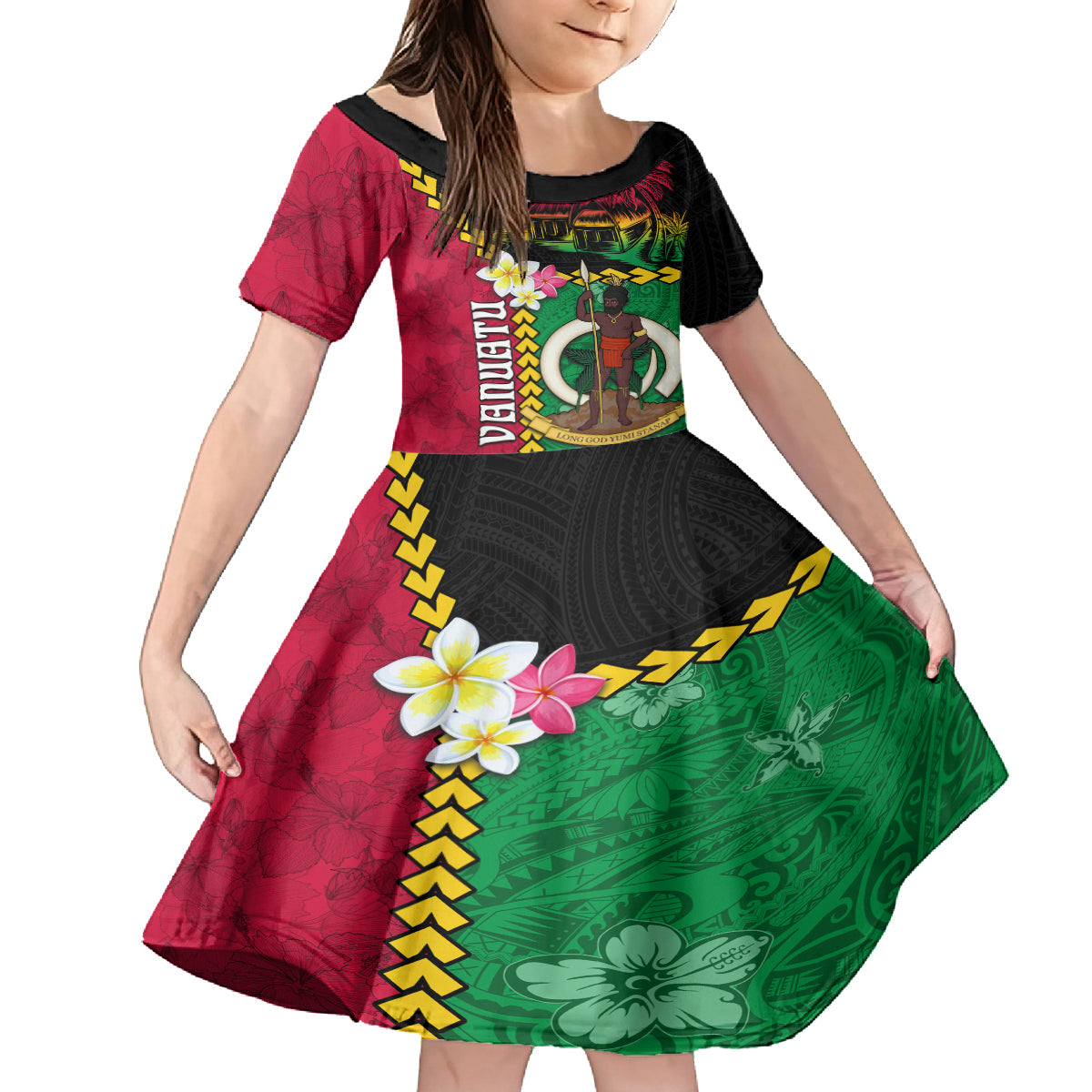 Vanuatu Nakamal and Plumeria Flowers Kid Short Sleeve Dress Polynesian Pattern