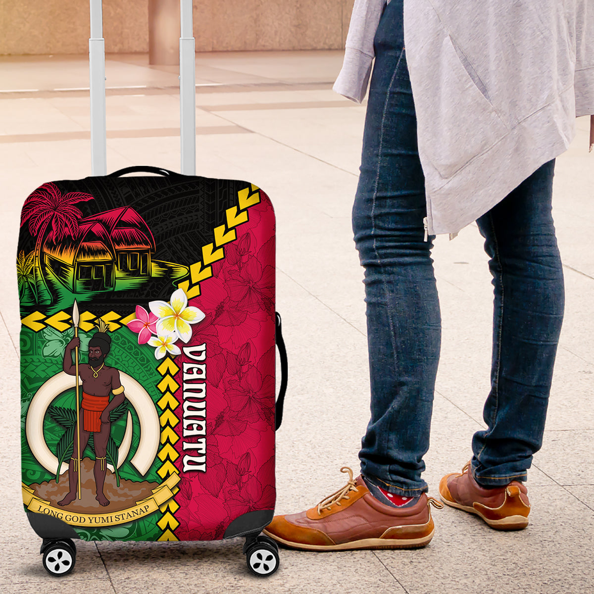 Vanuatu Nakamal and Plumeria Flowers Luggage Cover Polynesian Pattern