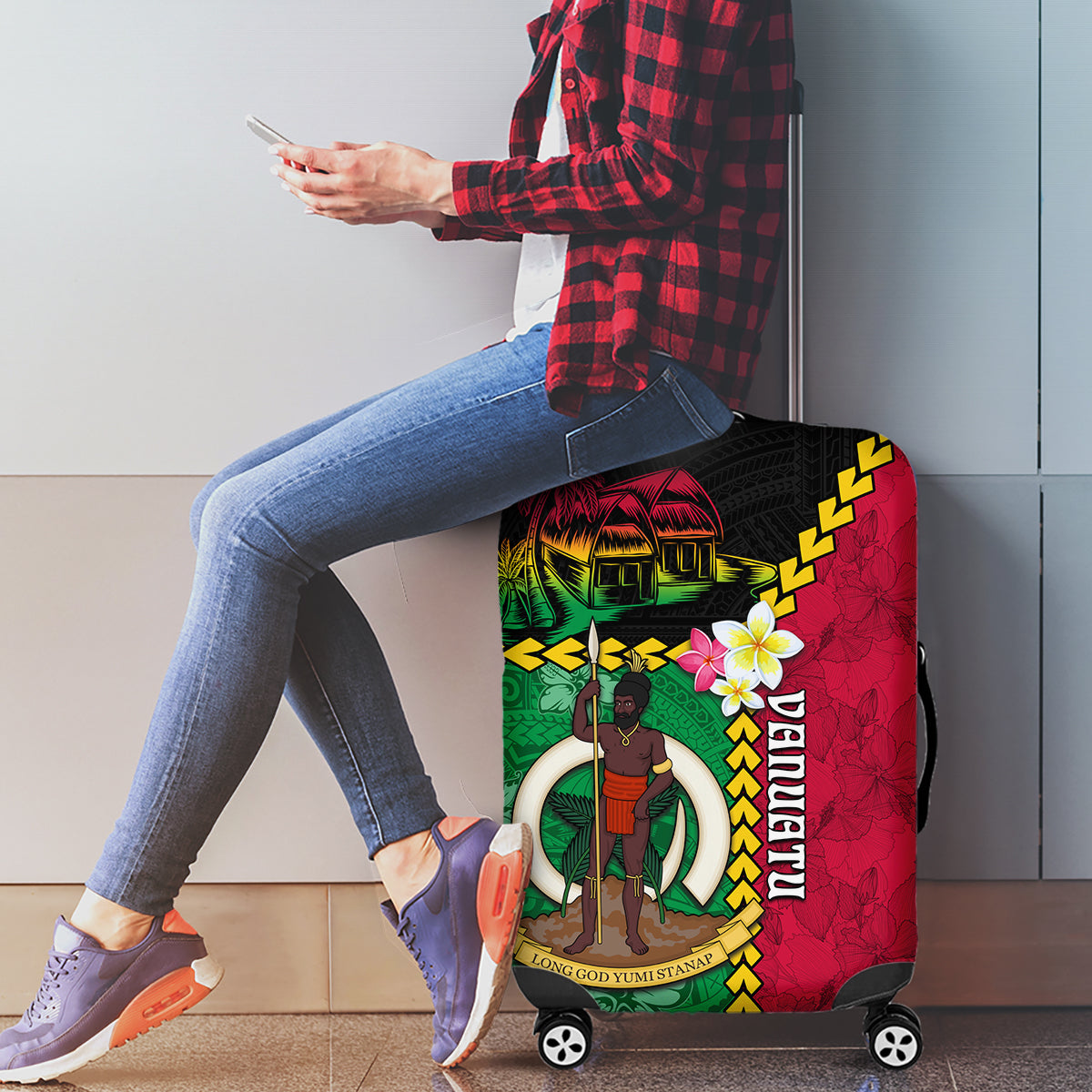 Vanuatu Nakamal and Plumeria Flowers Luggage Cover Polynesian Pattern