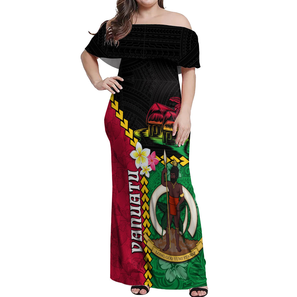 Vanuatu Nakamal and Plumeria Flowers Off Shoulder Maxi Dress Polynesian Pattern