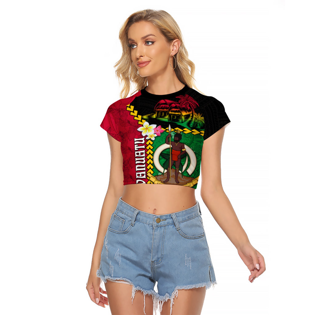 Vanuatu Nakamal and Plumeria Flowers Raglan Cropped T Shirt Polynesian Pattern