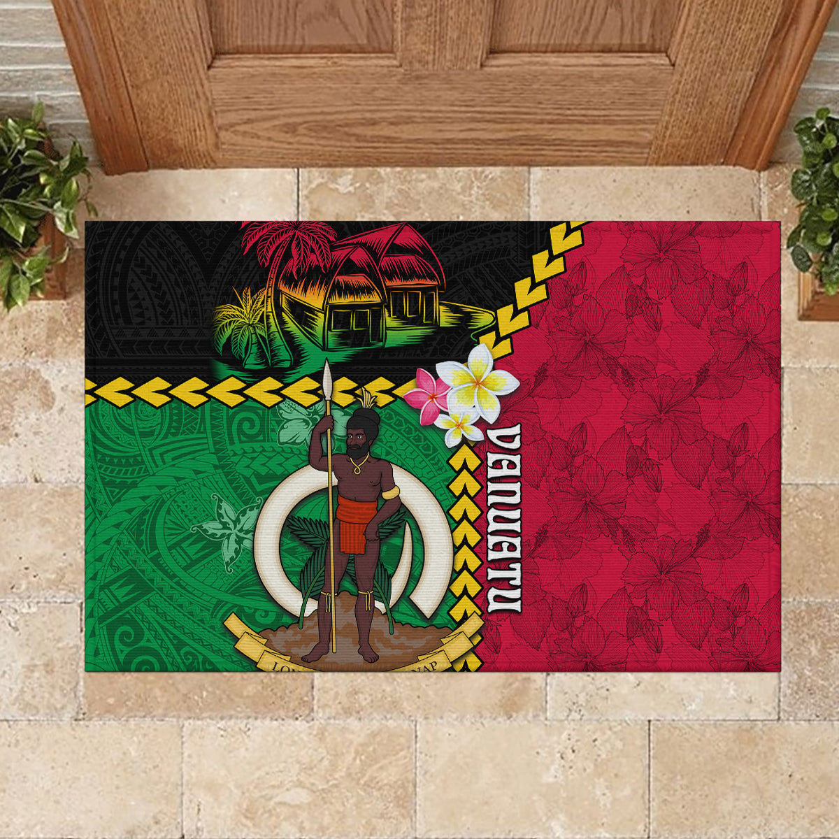 Vanuatu Nakamal and Plumeria Flowers Rubber Doormat Polynesian Pattern