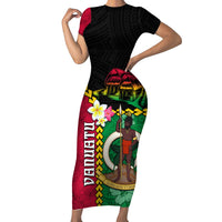 Vanuatu Nakamal and Plumeria Flowers Short Sleeve Bodycon Dress Polynesian Pattern