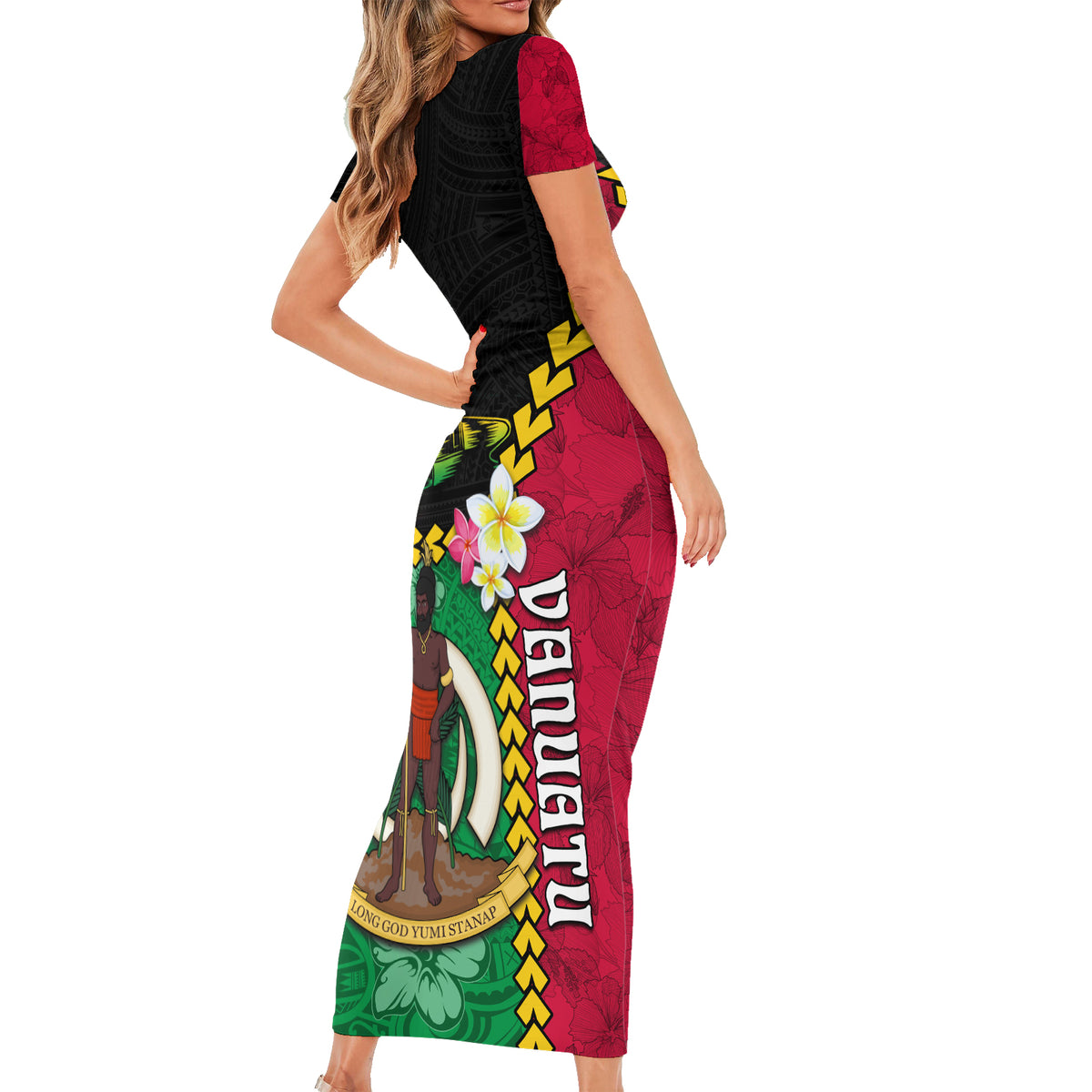 Vanuatu Nakamal and Plumeria Flowers Short Sleeve Bodycon Dress Polynesian Pattern