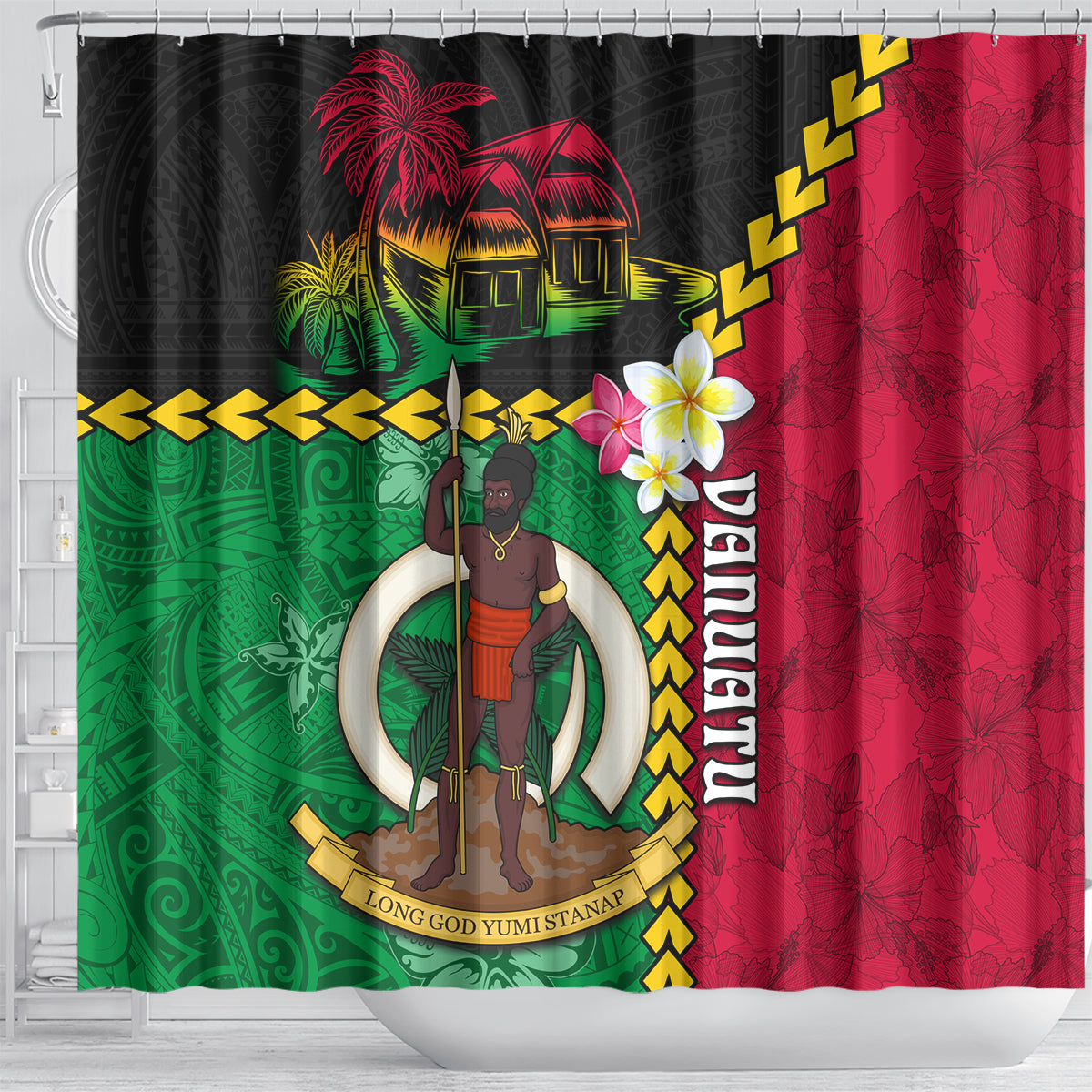 Vanuatu Nakamal and Plumeria Flowers Shower Curtain Polynesian Pattern