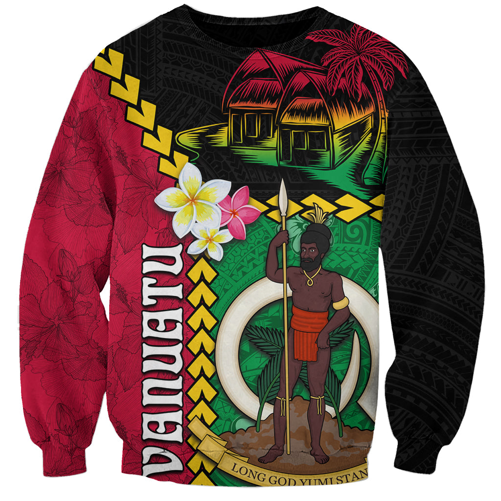 Vanuatu Nakamal and Plumeria Flowers Sweatshirt Polynesian Pattern