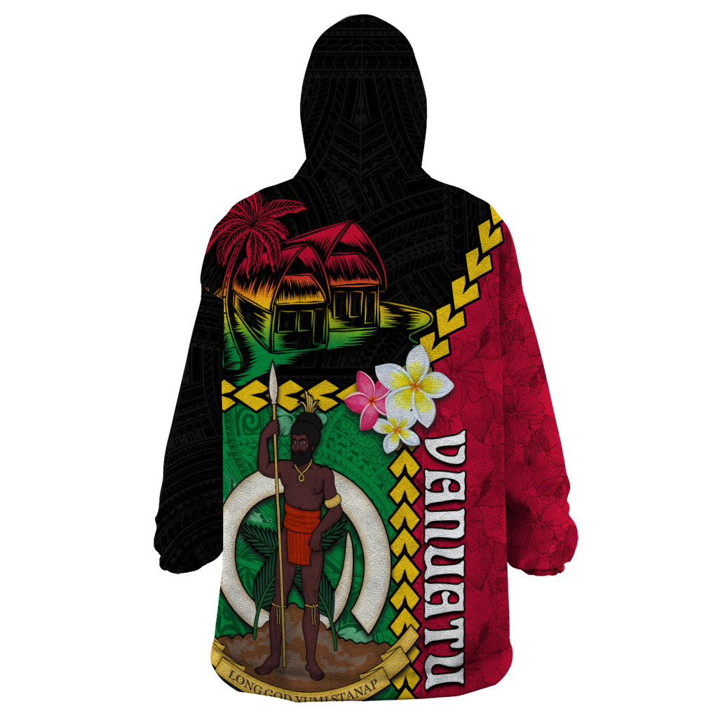 Vanuatu Nakamal and Plumeria Flowers Wearable Blanket Hoodie Polynesian Pattern