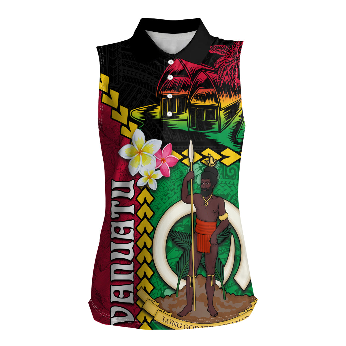 Vanuatu Nakamal and Plumeria Flowers Women Sleeveless Polo Shirt Polynesian Pattern