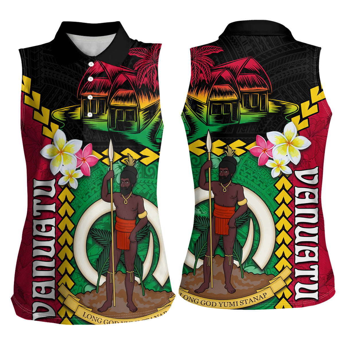 Vanuatu Nakamal and Plumeria Flowers Women Sleeveless Polo Shirt Polynesian Pattern