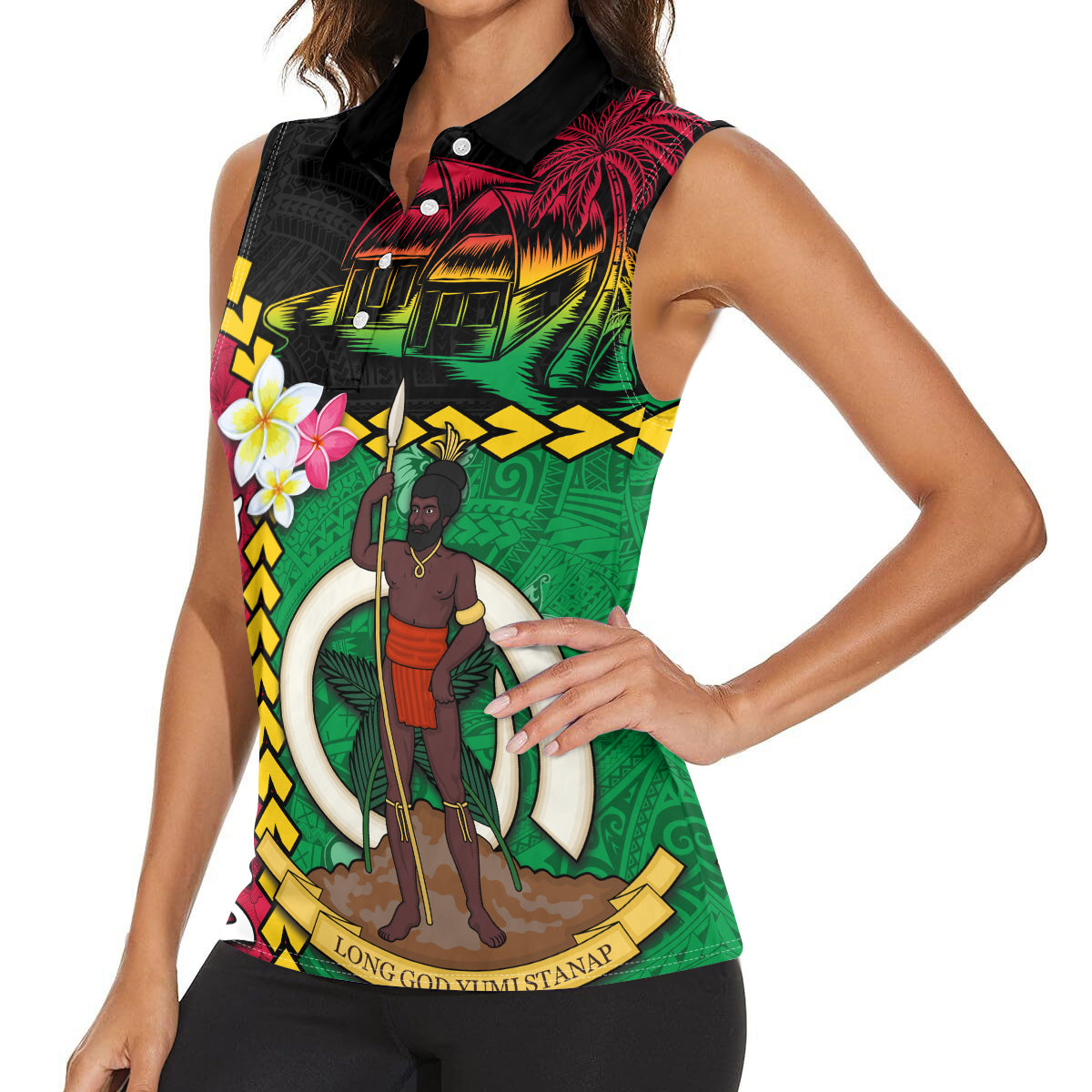 Vanuatu Nakamal and Plumeria Flowers Women Sleeveless Polo Shirt Polynesian Pattern