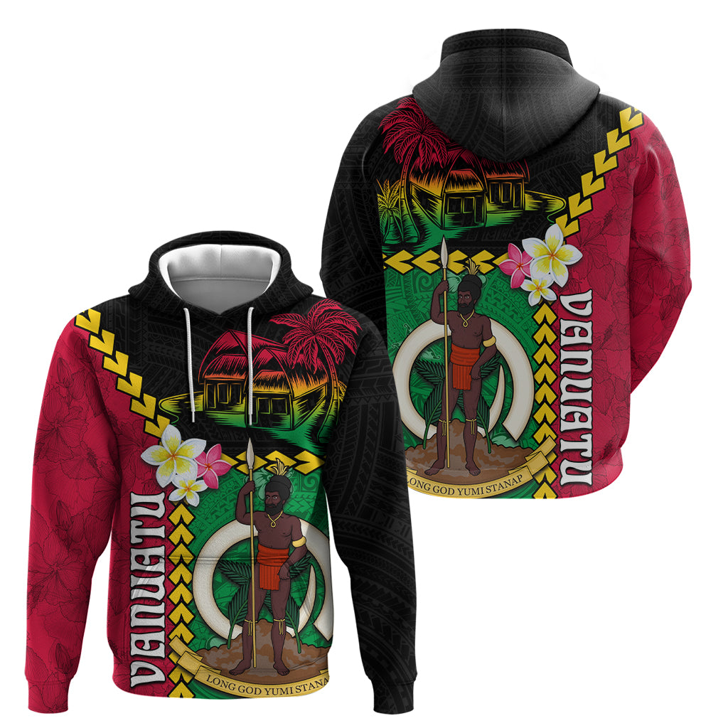 Vanuatu Nakamal and Plumeria Flowers Zip Hoodie Polynesian Pattern