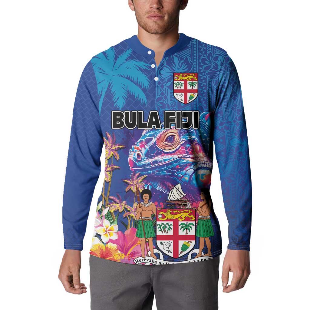 Fiji Bula Button Sweatshirt Tropical Plants with Palm Tree and Iguana Colorful
