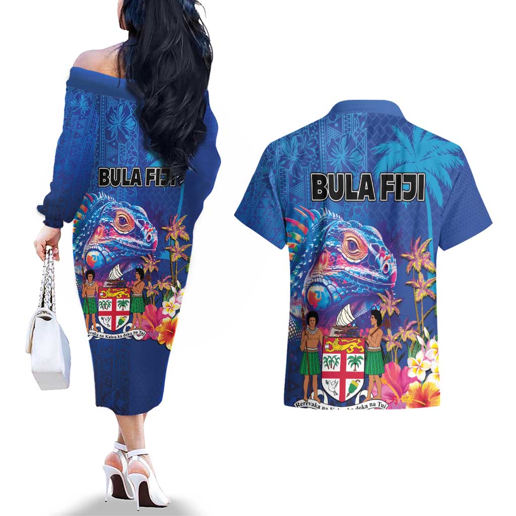Fiji Bula Couples Matching Off The Shoulder Long Sleeve Dress and Hawaiian Shirt Tropical Plants with Palm Tree and Iguana Colorful