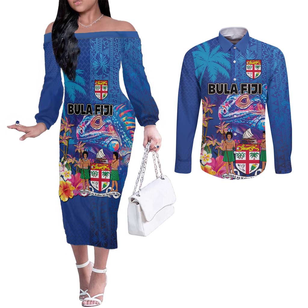 Fiji Bula Couples Matching Off The Shoulder Long Sleeve Dress and Long Sleeve Button Shirt Tropical Plants with Palm Tree and Iguana Colorful