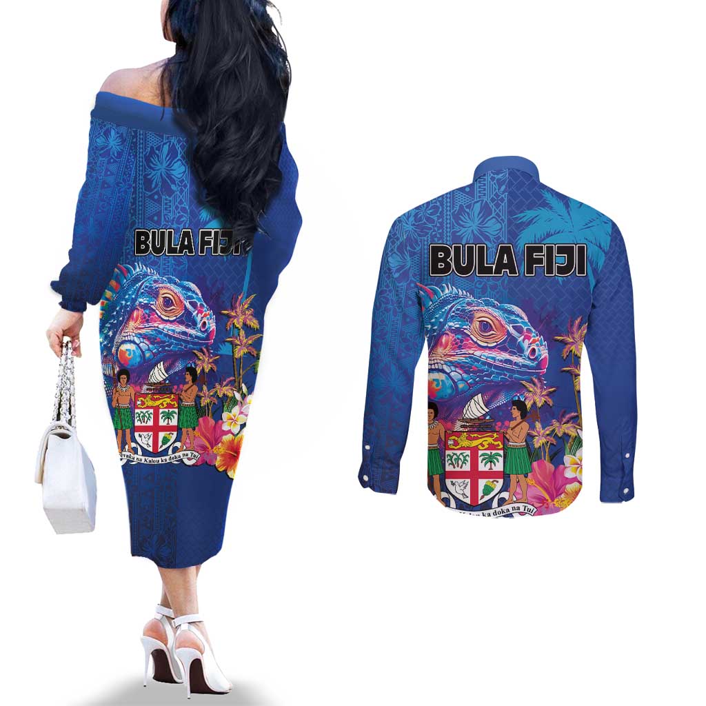 Fiji Bula Couples Matching Off The Shoulder Long Sleeve Dress and Long Sleeve Button Shirt Tropical Plants with Palm Tree and Iguana Colorful
