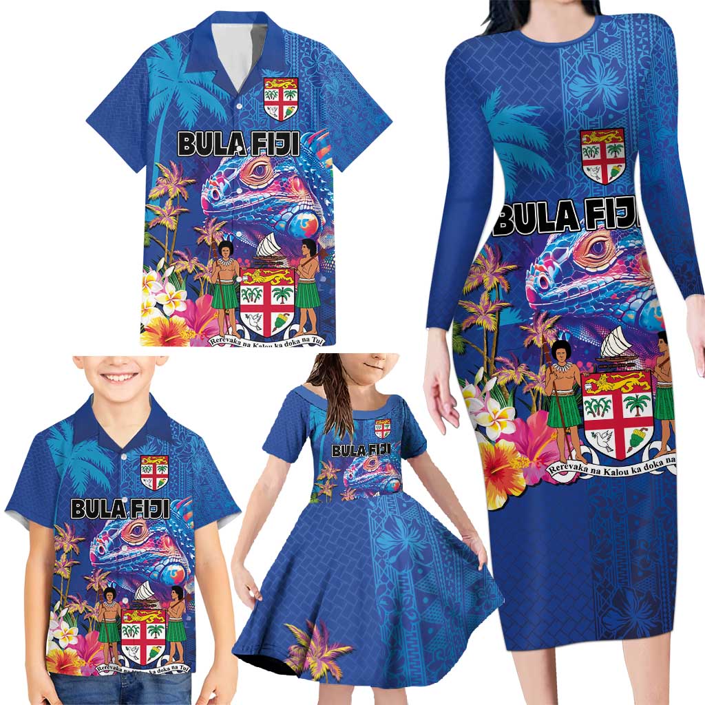 Fiji Bula Family Matching Long Sleeve Bodycon Dress and Hawaiian Shirt Tropical Plants with Palm Tree and Iguana Colorful LT03 - Polynesian Pride