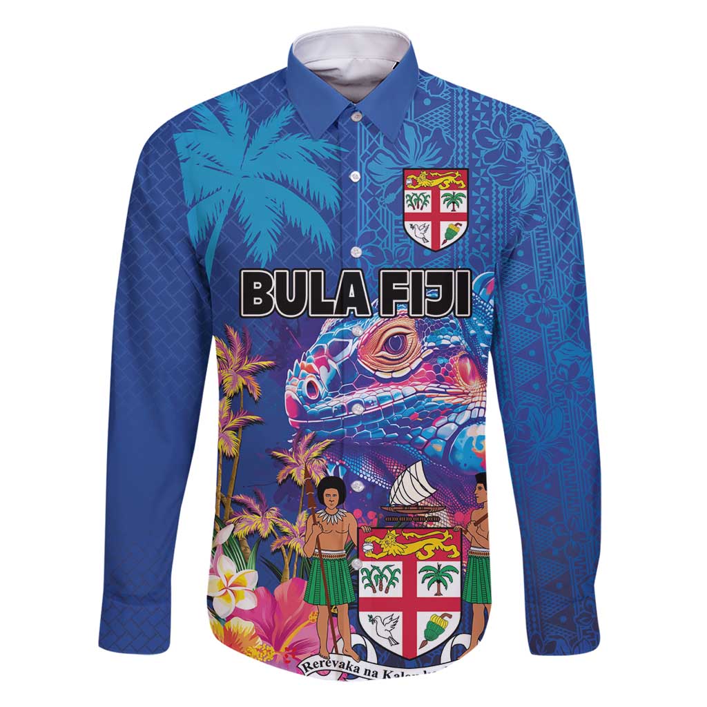Fiji Bula Family Matching Long Sleeve Bodycon Dress and Hawaiian Shirt Tropical Plants with Palm Tree and Iguana Colorful LT03 Dad's Shirt - Long Sleeve Blue - Polynesian Pride