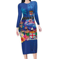 Fiji Bula Family Matching Long Sleeve Bodycon Dress and Hawaiian Shirt Tropical Plants with Palm Tree and Iguana Colorful LT03 Mom's Dress Blue - Polynesian Pride