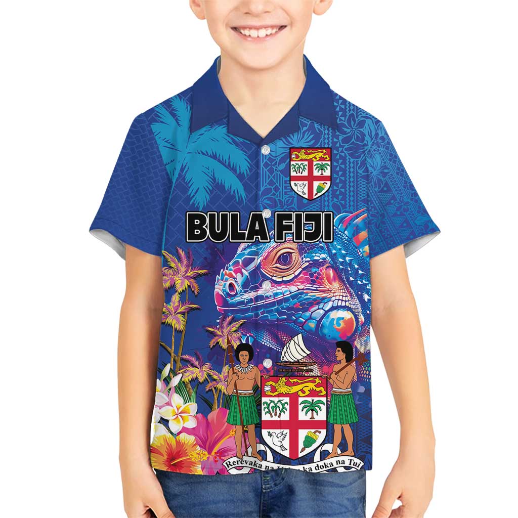 Fiji Bula Family Matching Long Sleeve Bodycon Dress and Hawaiian Shirt Tropical Plants with Palm Tree and Iguana Colorful LT03 Son's Shirt Blue - Polynesian Pride