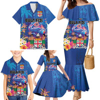 Fiji Bula Family Matching Mermaid Dress and Hawaiian Shirt Tropical Plants with Palm Tree and Iguana Colorful LT03 - Polynesian Pride