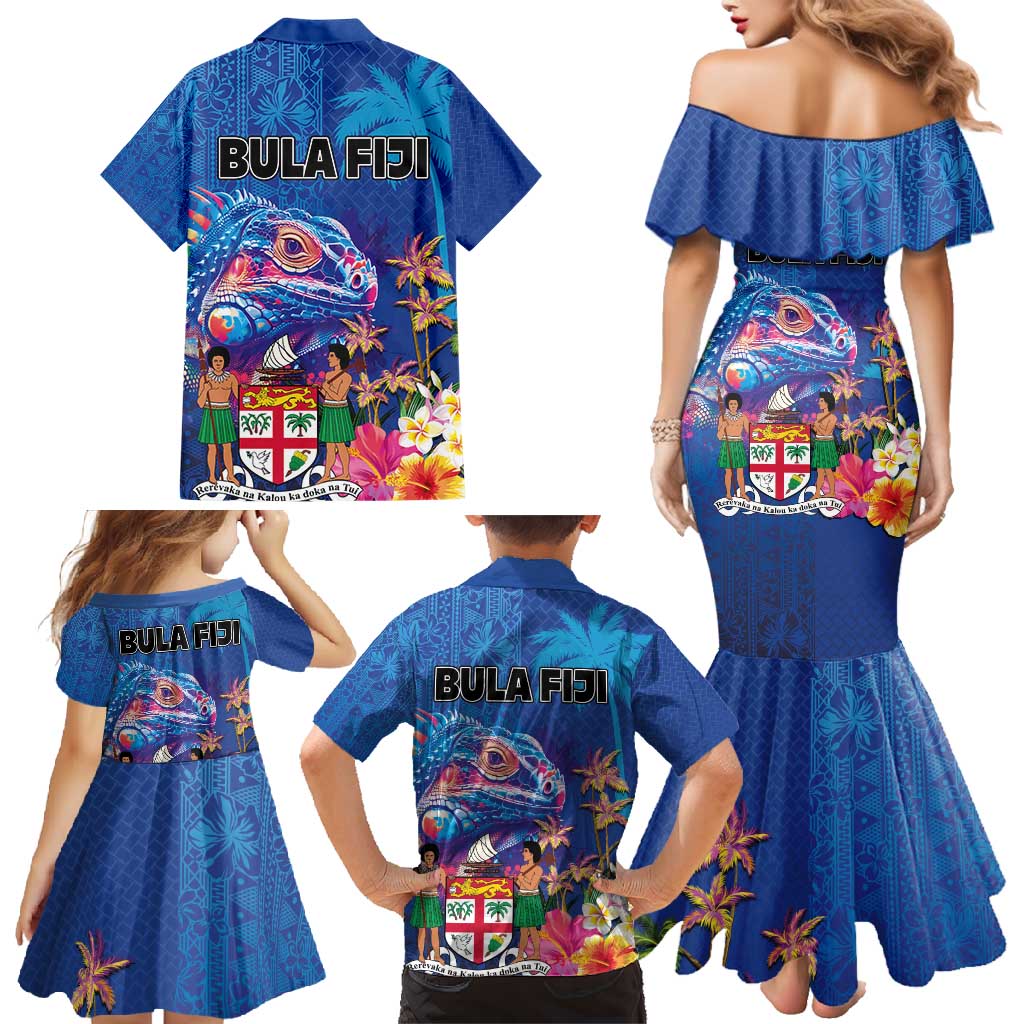Fiji Bula Family Matching Mermaid Dress and Hawaiian Shirt Tropical Plants with Palm Tree and Iguana Colorful LT03 - Polynesian Pride