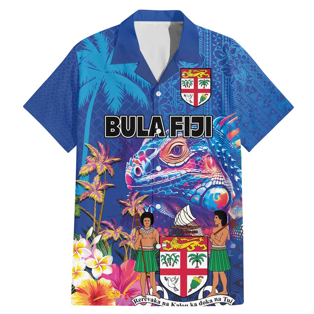 Fiji Bula Family Matching Mermaid Dress and Hawaiian Shirt Tropical Plants with Palm Tree and Iguana Colorful LT03 Dad's Shirt - Short Sleeve Blue - Polynesian Pride