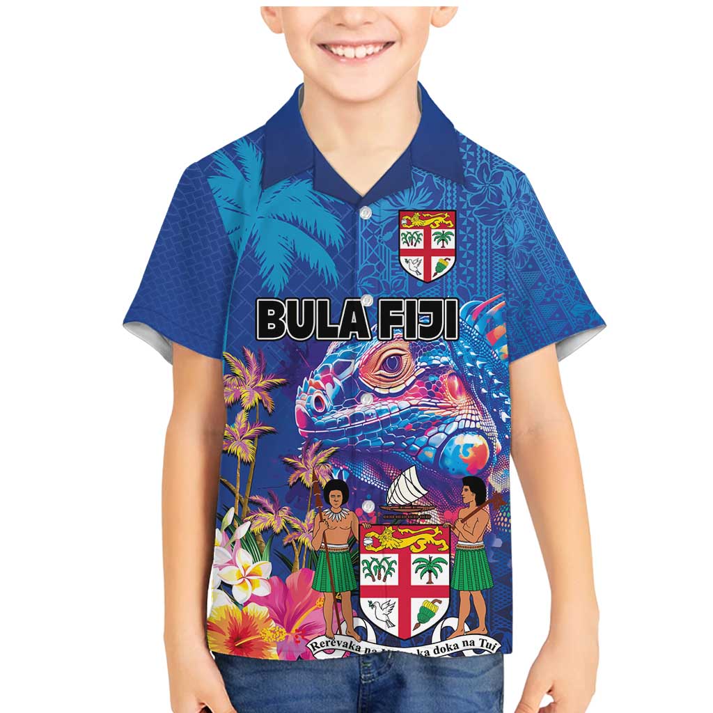 Fiji Bula Family Matching Mermaid Dress and Hawaiian Shirt Tropical Plants with Palm Tree and Iguana Colorful LT03 Son's Shirt Blue - Polynesian Pride