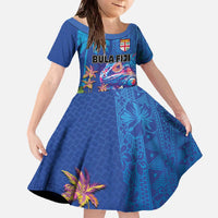 Fiji Bula Family Matching Off The Shoulder Long Sleeve Dress and Hawaiian Shirt Tropical Plants with Palm Tree and Iguana Colorful LT03 Daughter's Dress Blue - Polynesian Pride