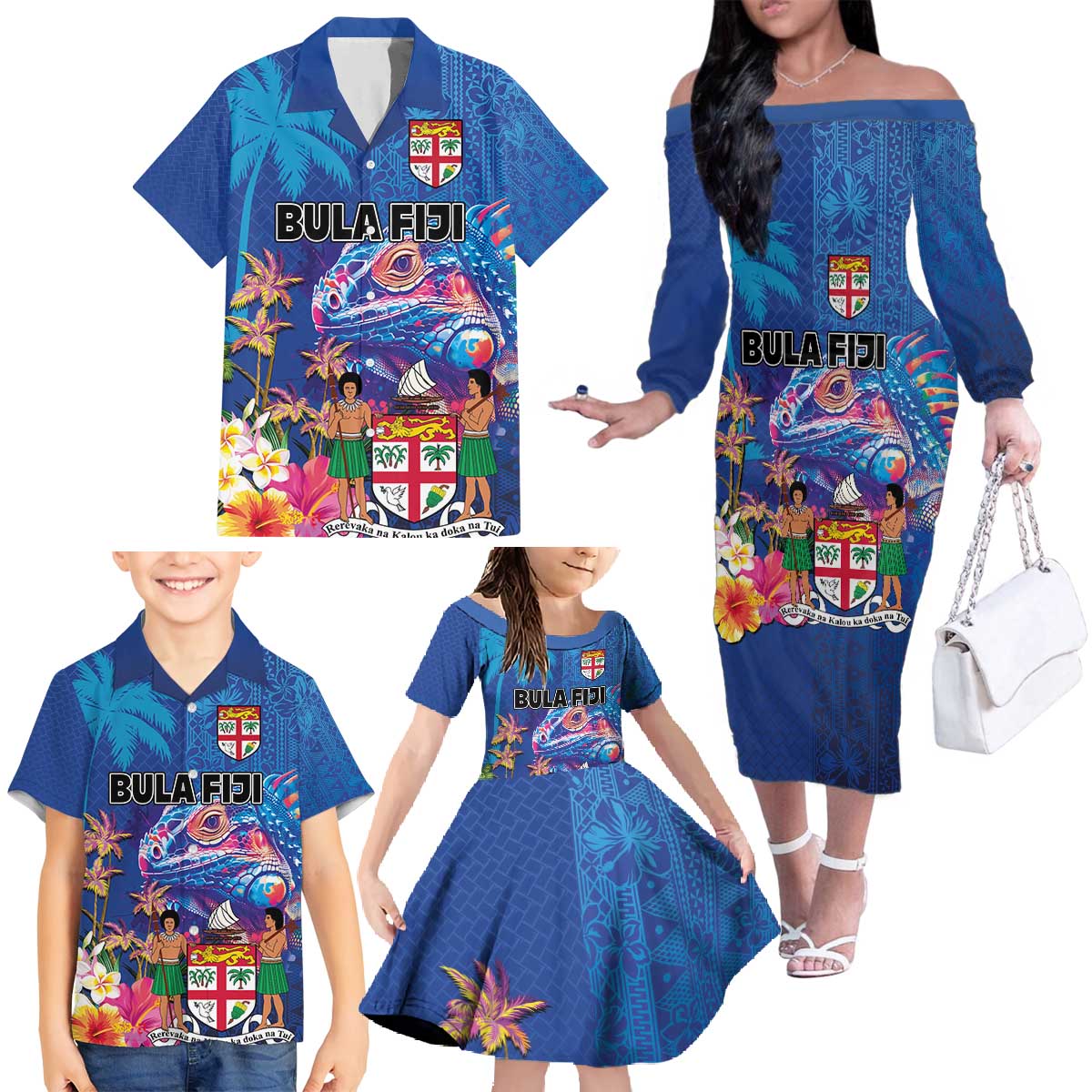 Fiji Bula Family Matching Off The Shoulder Long Sleeve Dress and Hawaiian Shirt Tropical Plants with Palm Tree and Iguana Colorful LT03 - Polynesian Pride