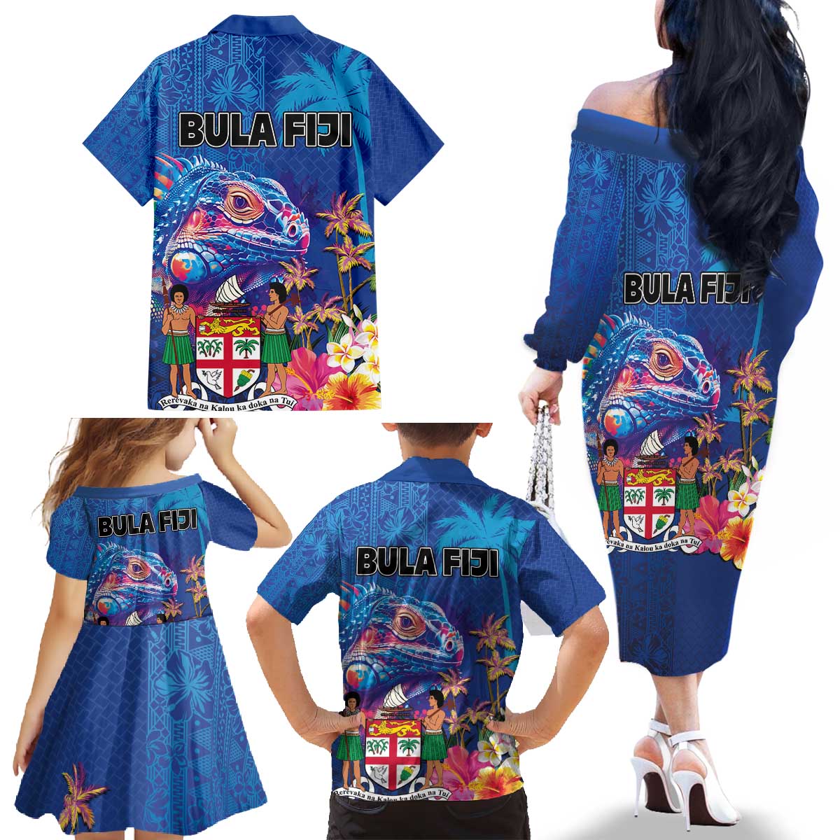 Fiji Bula Family Matching Off The Shoulder Long Sleeve Dress and Hawaiian Shirt Tropical Plants with Palm Tree and Iguana Colorful LT03 - Polynesian Pride