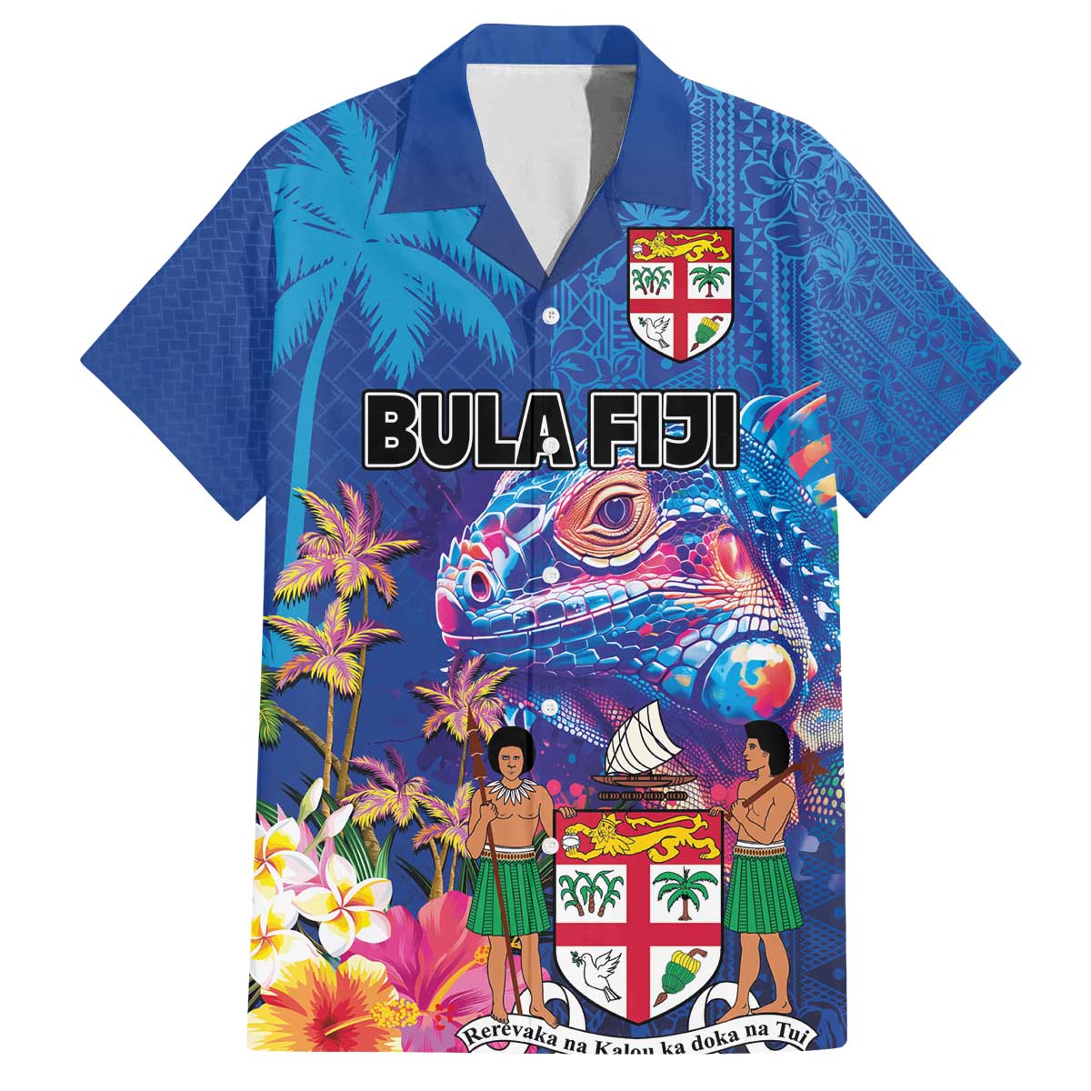 Fiji Bula Family Matching Off The Shoulder Long Sleeve Dress and Hawaiian Shirt Tropical Plants with Palm Tree and Iguana Colorful LT03 Dad's Shirt - Short Sleeve Blue - Polynesian Pride