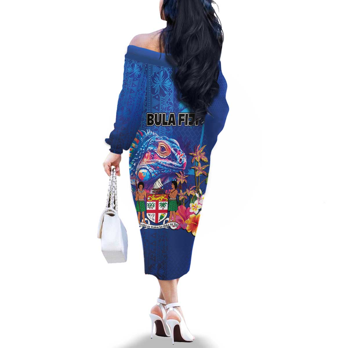 Fiji Bula Family Matching Off The Shoulder Long Sleeve Dress and Hawaiian Shirt Tropical Plants with Palm Tree and Iguana Colorful LT03 - Polynesian Pride