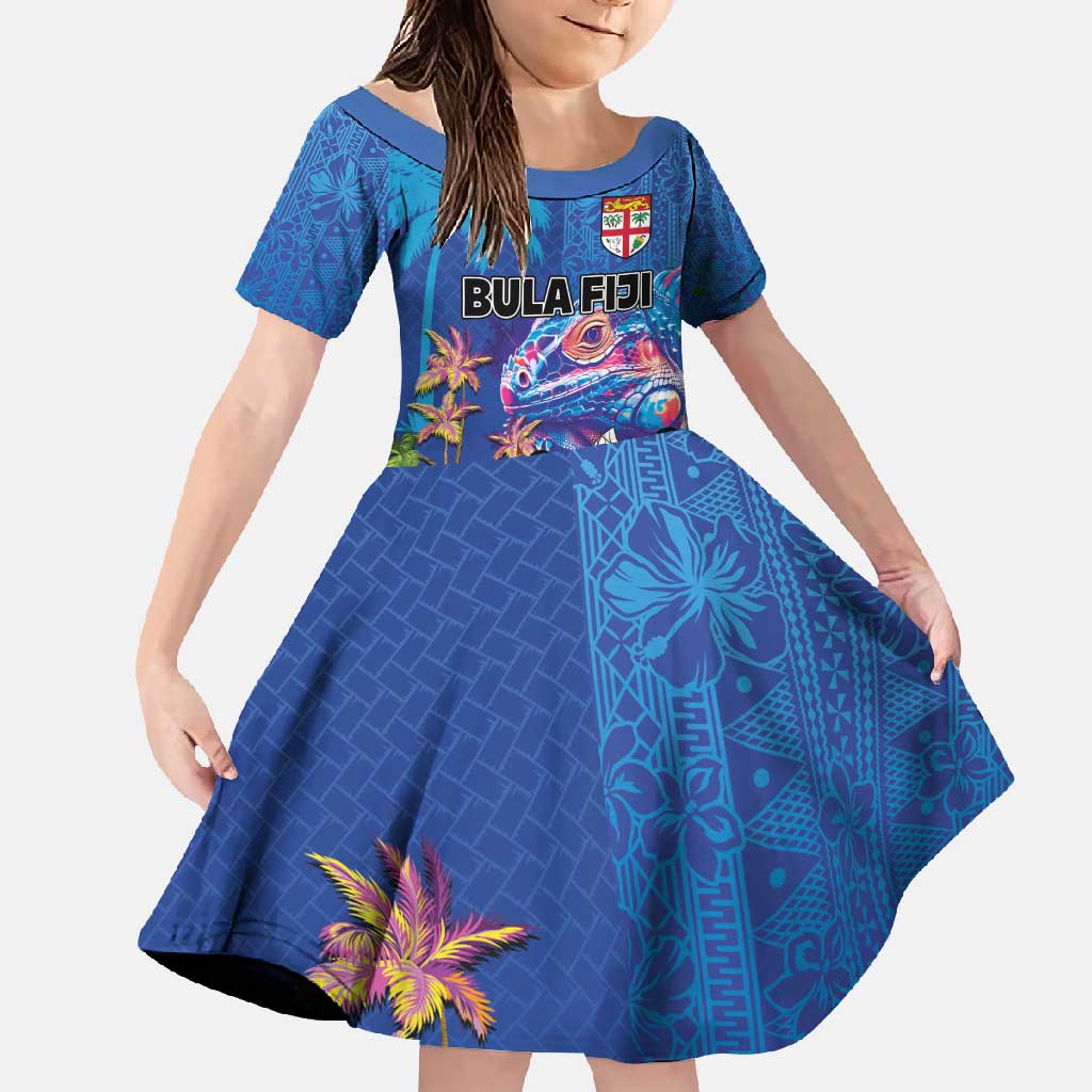 Fiji Bula Family Matching Off Shoulder Maxi Dress and Hawaiian Shirt Tropical Plants with Palm Tree and Iguana Colorful