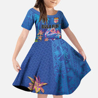 Fiji Bula Family Matching Off Shoulder Maxi Dress and Hawaiian Shirt Tropical Plants with Palm Tree and Iguana Colorful
